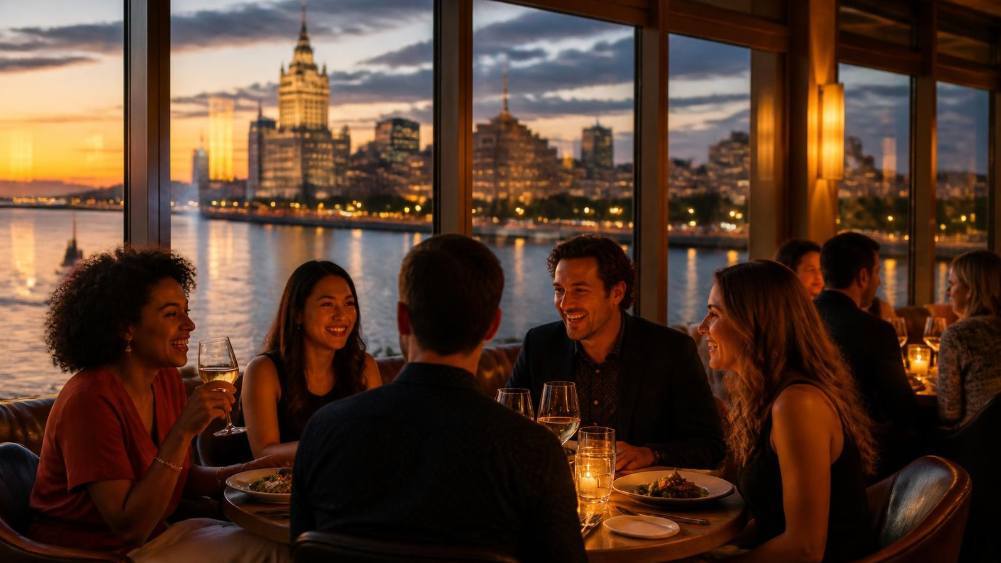 Friends dining at a restaurant overlooking the Buffalo skyline at sunset
